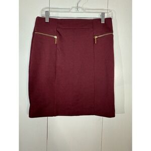 Michael Kors Womens Pencil Skirt Ponte Knit Stretch Burgundy Gold Zippers Size 6